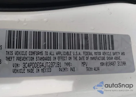 2018 Dodge Journey Gt Awd z USA, uszkodzony, nr VIN 3C4PDDEG4JT237191